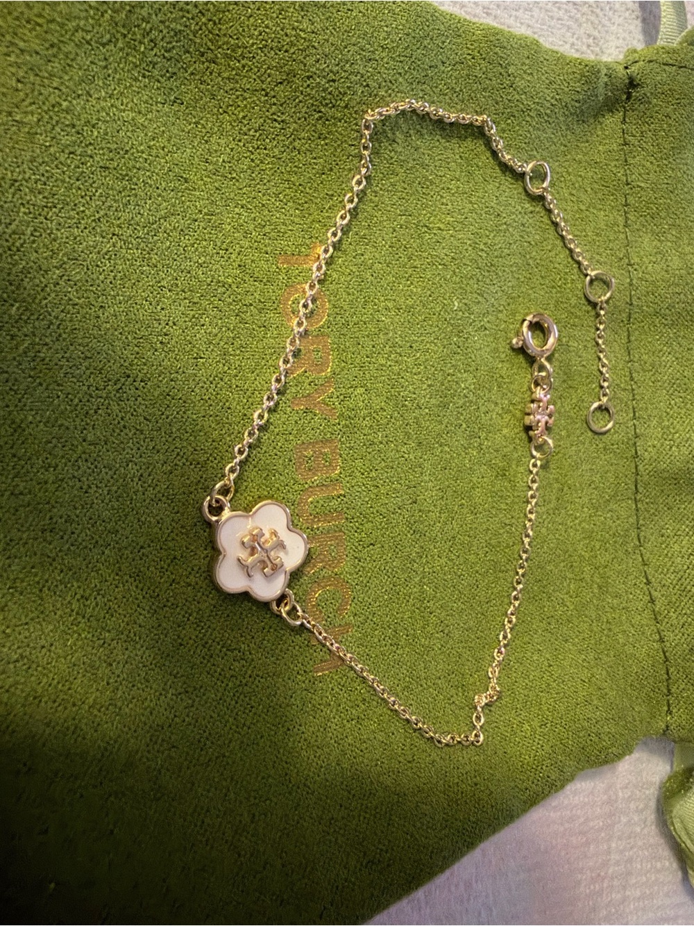 Tory Burch Gold Chain Bracelet with White Enamel Logo Flower